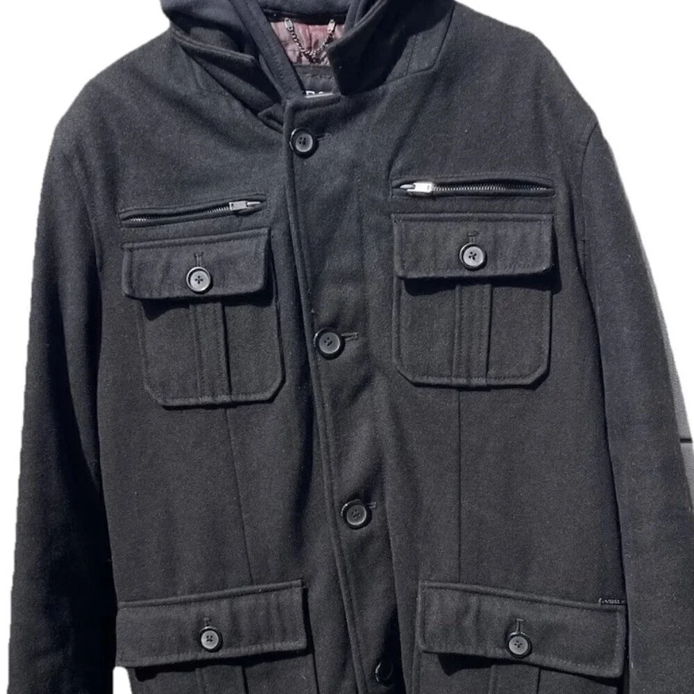 Vintage Guess Men’s Sz L Wool Long Pea Coat Black Full Zip Quilted Lining Hood